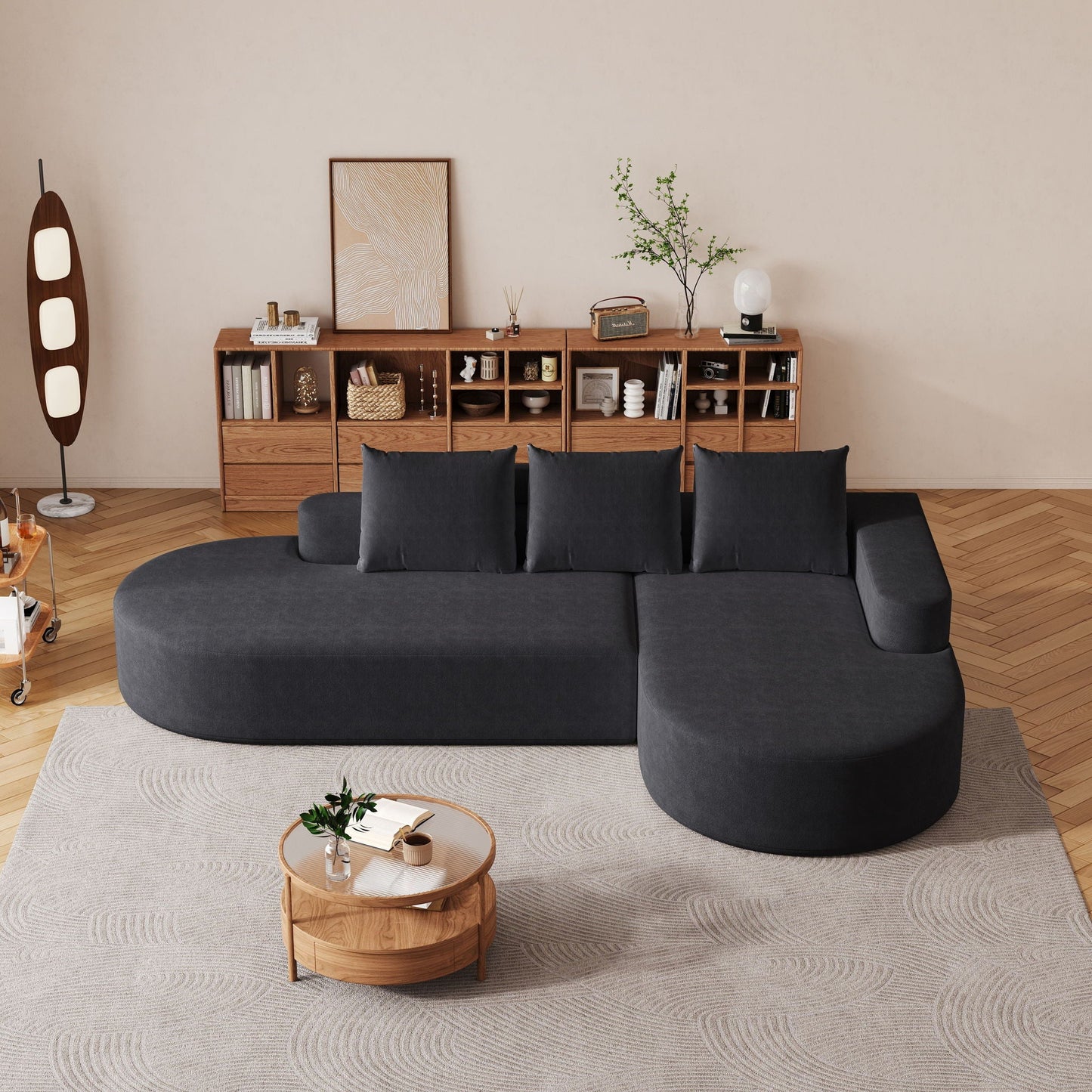 Modern Curved Sofa, L-Shaped Modular Sectional Set With 3 Pillows