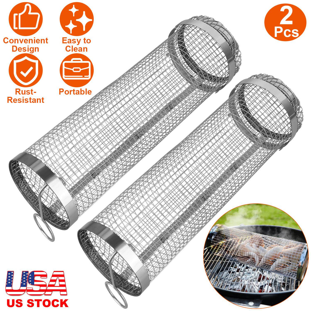 2Pcs 3.42x11.61Inch Portable BBQ Rolling Basket Round Stainless Steel Grill Mesh Barbecue Net Tube with Removable Cover Outdoor Camping