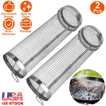 2Pcs 3.42x11.61Inch Portable BBQ Rolling Basket Round Stainless Steel Grill Mesh Barbecue Net Tube with Removable Cover Outdoor Camping
