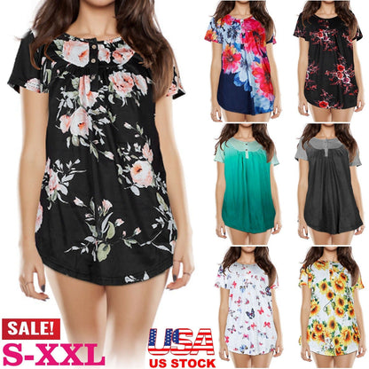 Women Summer Shirts Tops Loose Short Sleeve T Shirts Casual Floral Printed Button Shirts Blouse S-XXL
