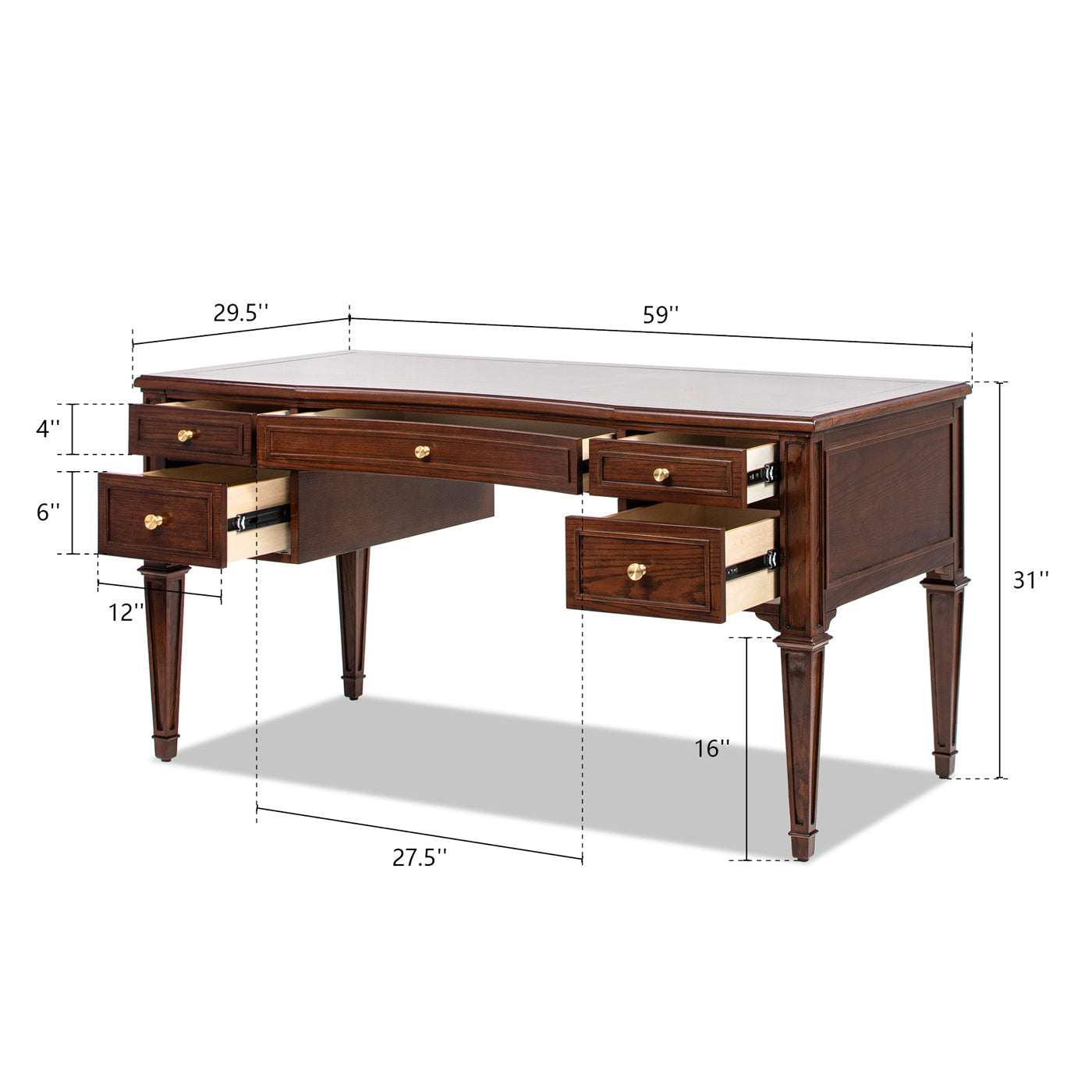 Dauphin Gold Accent 5-Drawer Wood Executive Desk Dark Walnut Ash Wood & Veneer