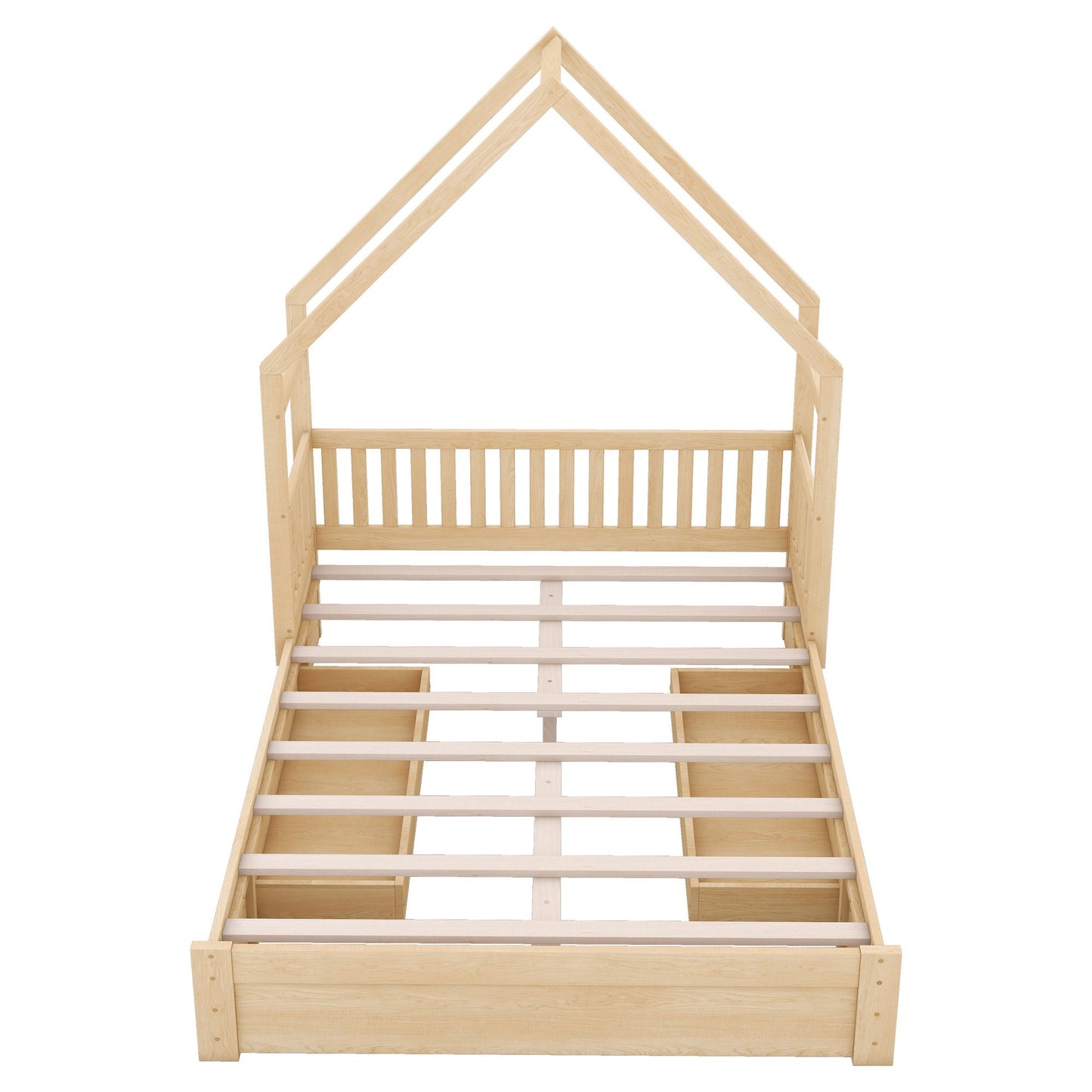 House Style Platform Bed With Guardrail And 2 Drawers