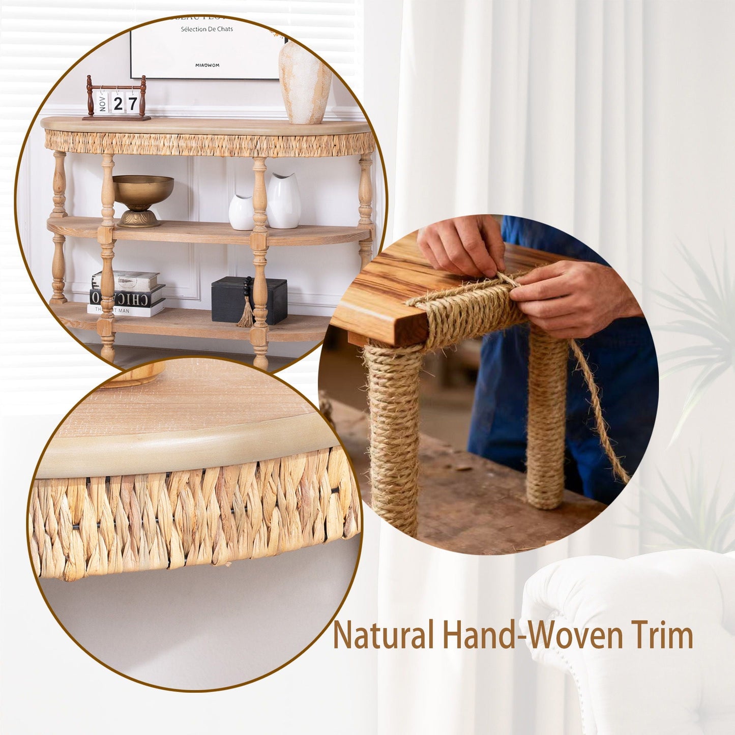 Handcrafted Console Table With Hand Woven Trim, 3 Tier Storage Shelves - Natural