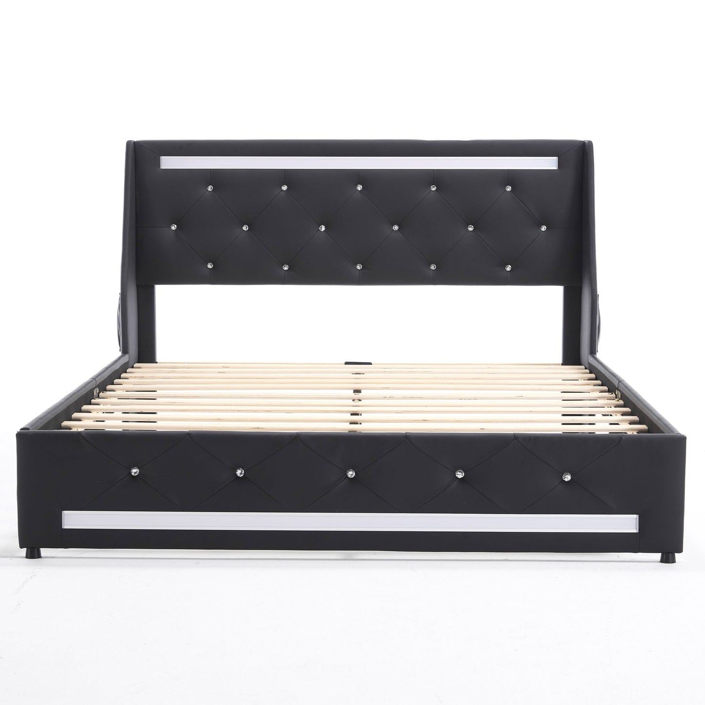 Wingback Upholstered Bed Frame With LED Lights, Charging Station