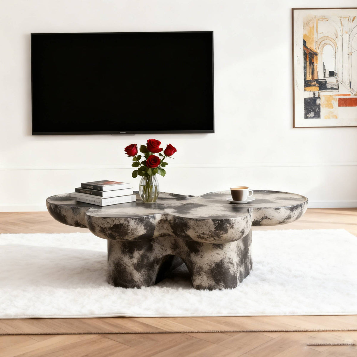 Butterfly Design Coffee Table with Modern Fiberglass Construction - Light Gray and Black