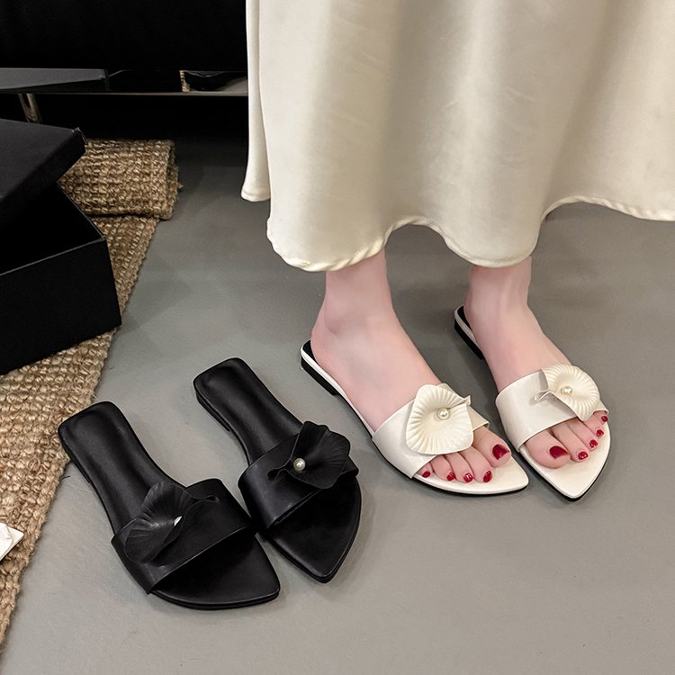 Calla Lily Design Vacation Style Genuine Leather Floral Slip On Sandals, Women Round Toe Special Mid Heel Real Leather Outdoor Slippers For Summer