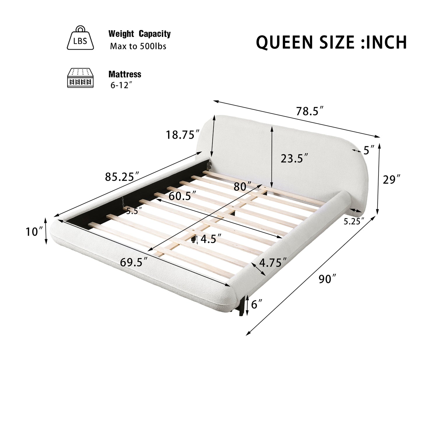 Queen Size Upholstered Bed Frame with Boucle Fabric and Steel Legs