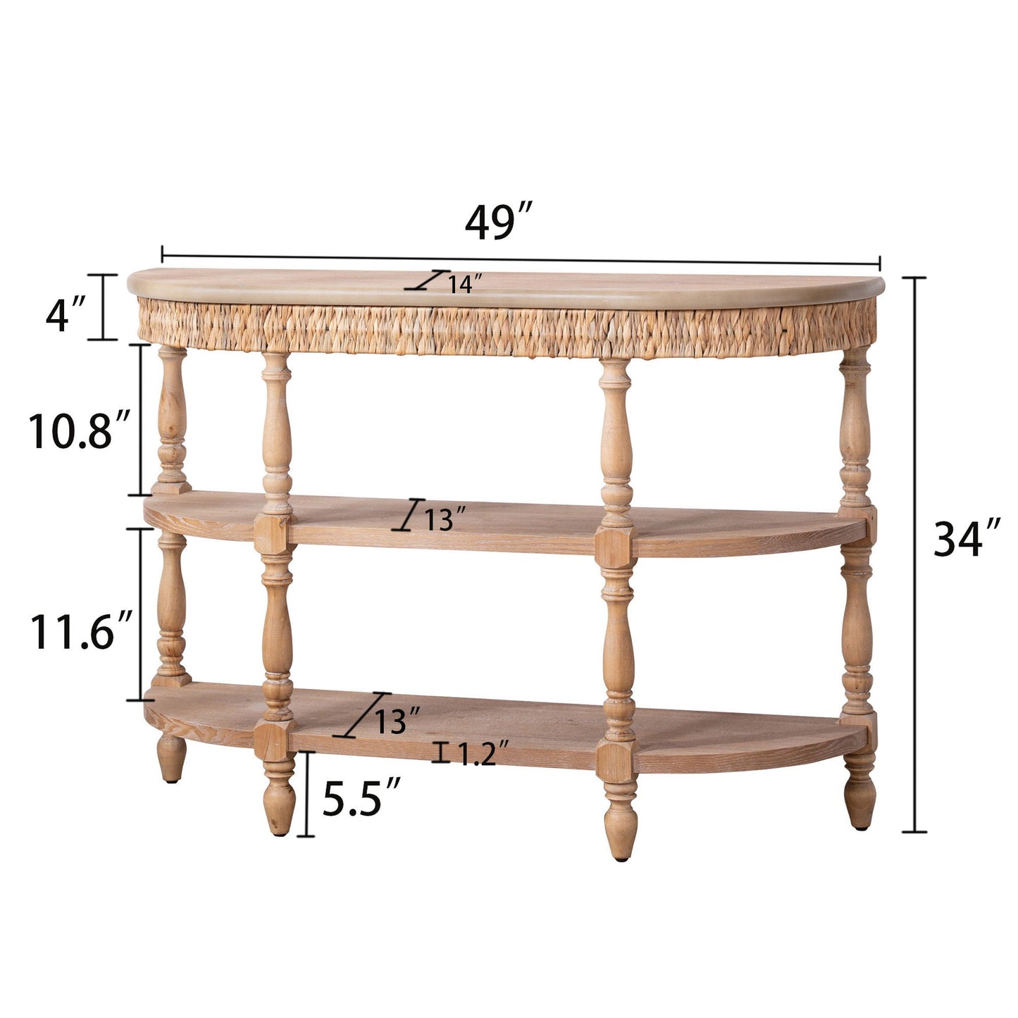 Handcrafted Console Table With Hand Woven Trim, 3 Tier Storage Shelves - Natural