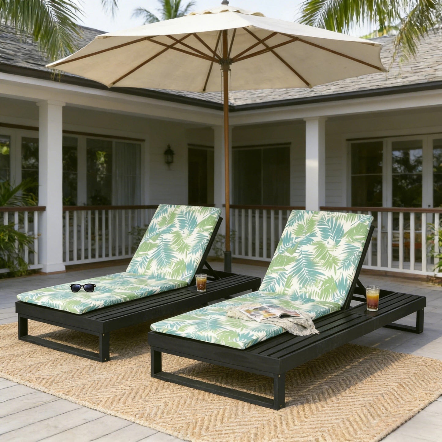 Black Acacia Wood Chaise Lounge with Leaf Coconut Cushion