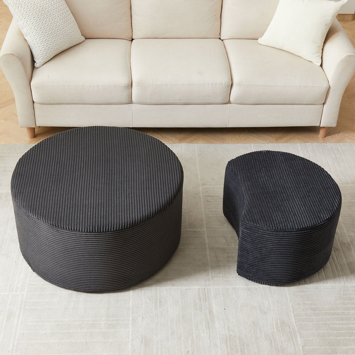 Modern Upholstered Round Coffee Table For Living Room (Set of 2)
