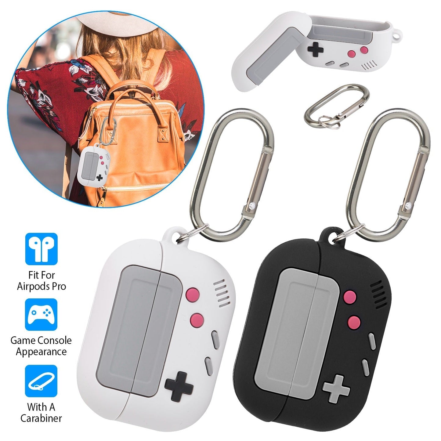 Silicone Protective Case Fit for Airpod Pro Full Protective Cover Shock-Absorbing Soft Silicone Case w/ Carabiner