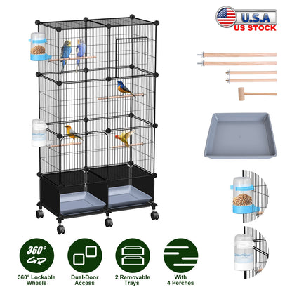 46-Inch Bird Cage with Wooden Perches and Rolling Wheels