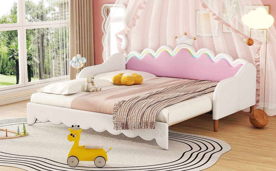 Extending Daybed With LED Lights, Modern Upholstered Princess Daybed With Crown Headboard