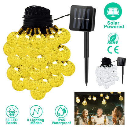 Globe String Solar Lights 30 Ball LED Fairy Solar Lamps 8 Lighting Modes IP65 Waterproof Decorative Lights w/ Stake Garden Lawn Flower Trees Patio Gar