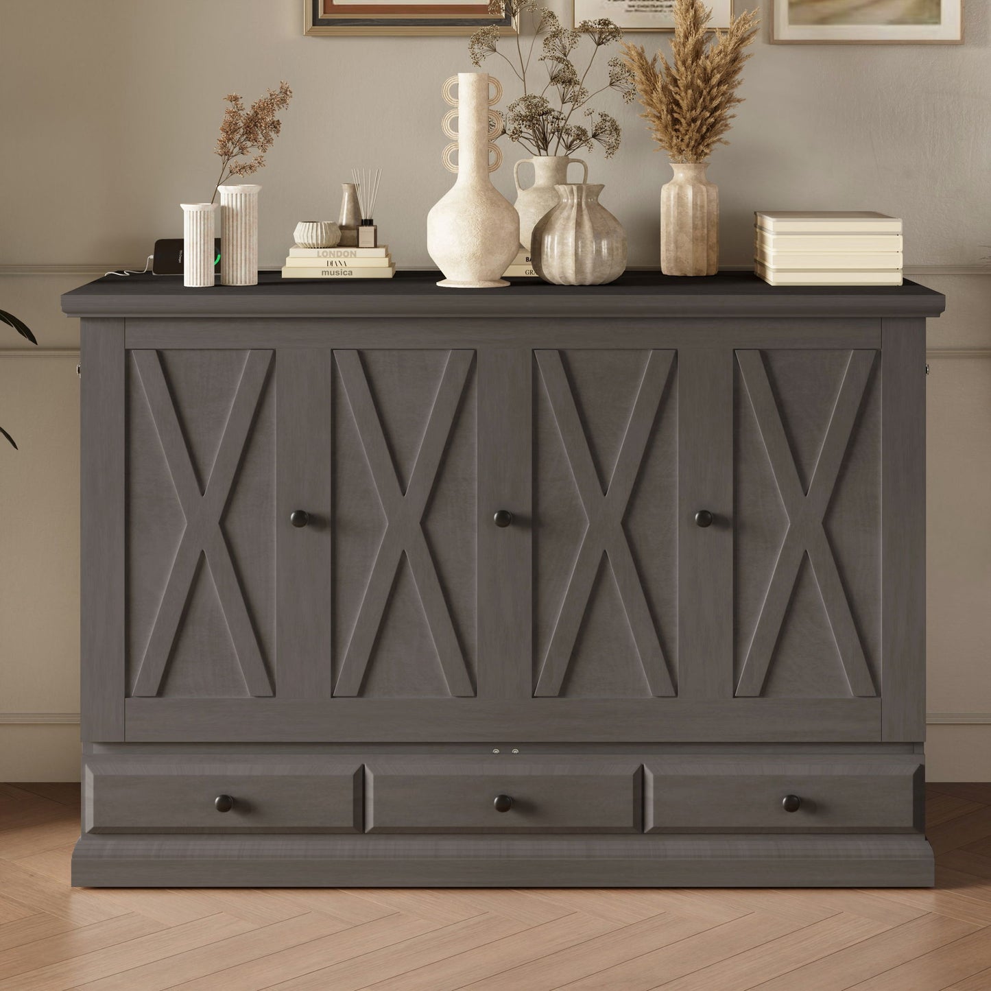 Murphy Bed Chest Cube Cabinet With Charging Station And Large Storage Drawer