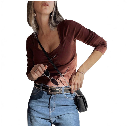 Womens Solid-color Slim-fit Long-sleeve Top