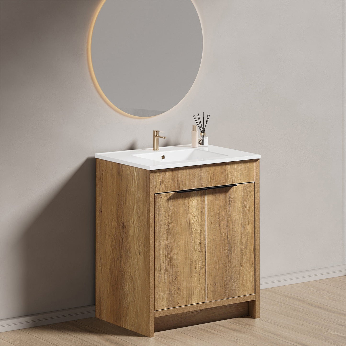 30inch Floor-Standing Bathroom Vanity with 3D Grooved Panel and Integrated Ceramic Sink