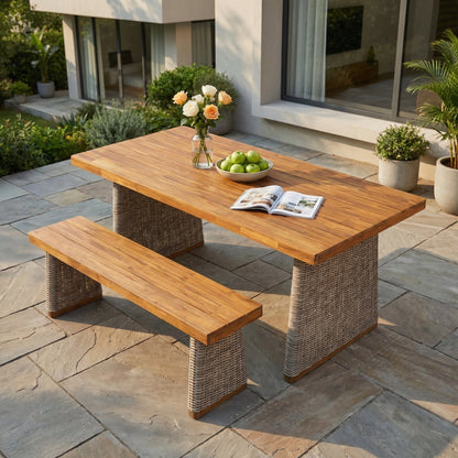 Outdoor Acacia Wood Dining Table Set with 1 Table and 1 Bench