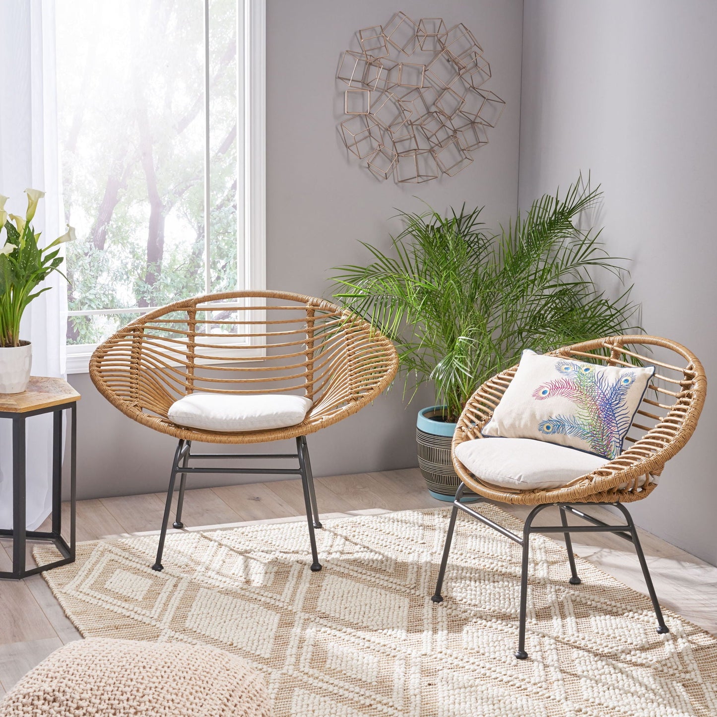 Cordella Outdoor Woven Wicker Chairs with Cushions, Set of 2