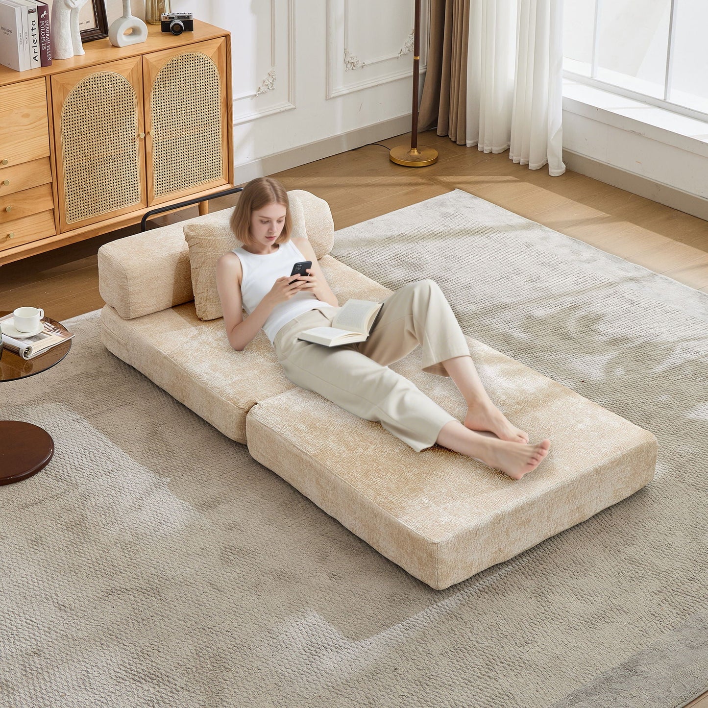 Convertible Floor Sofa Bed With Fixed Shape Frame For Living Room