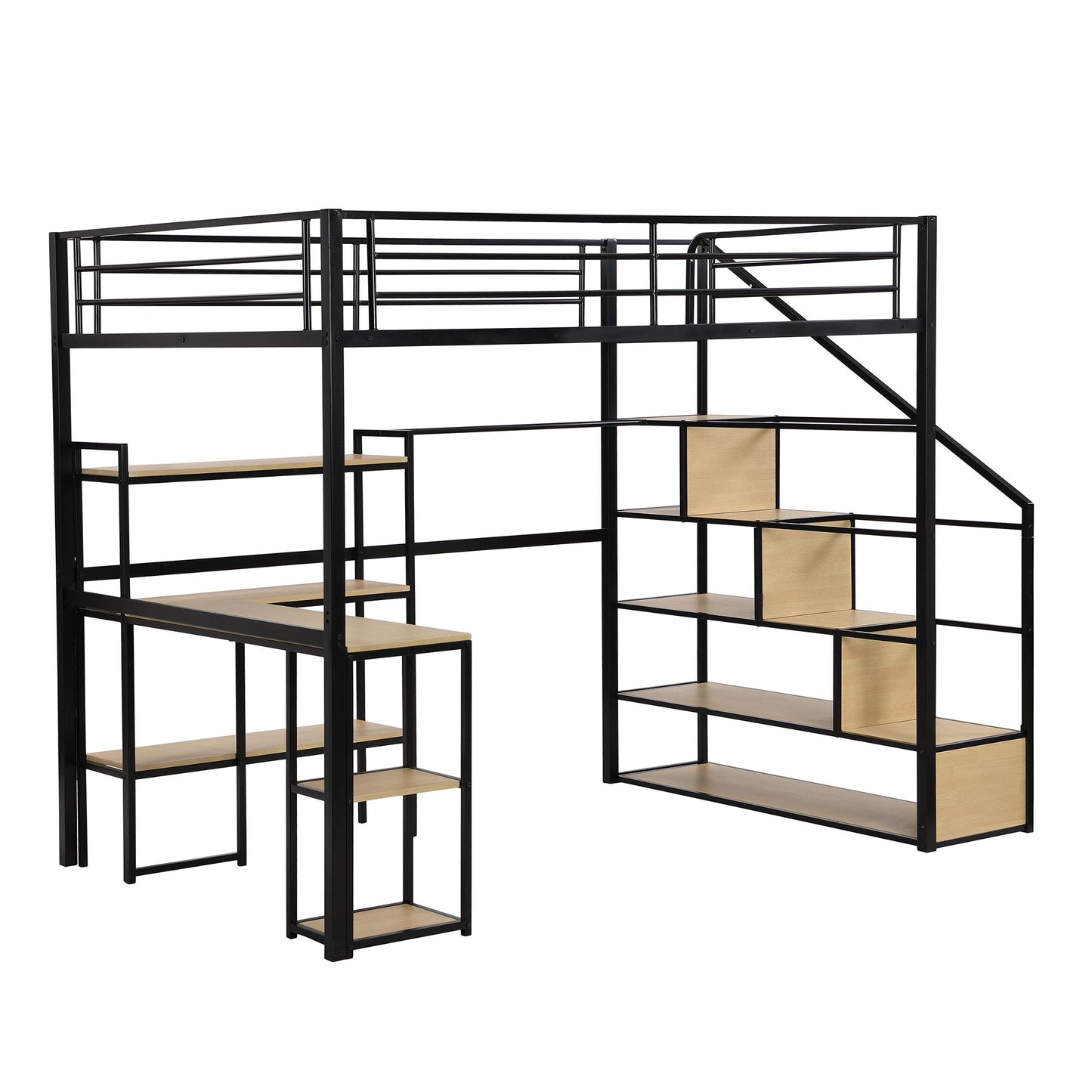 Full Size Loft Bed With Staircase, Built In Desk And Shelves And Sleeping Surface - Black