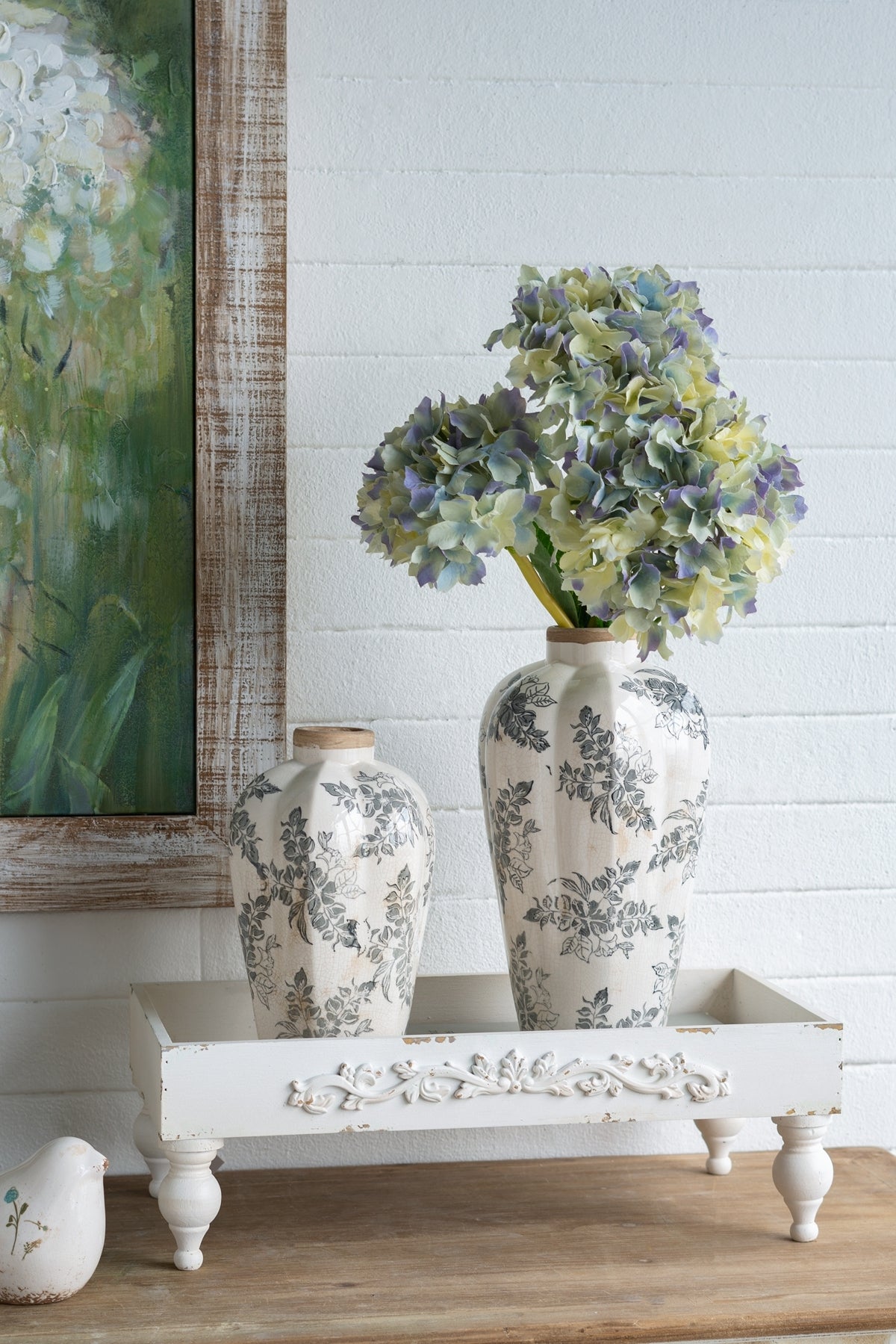6.7x6.7x11.6' White Ceramic Accent Vase with Gray Floral Design
