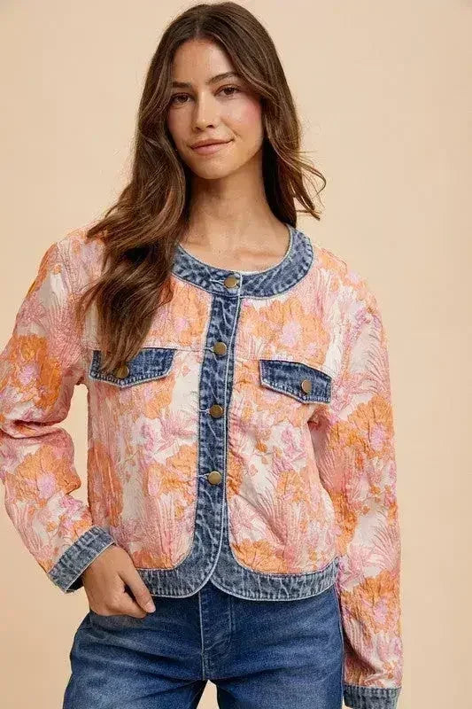 Floral Jacquard Denim Jacket - Contrast Button Down | Femstylo