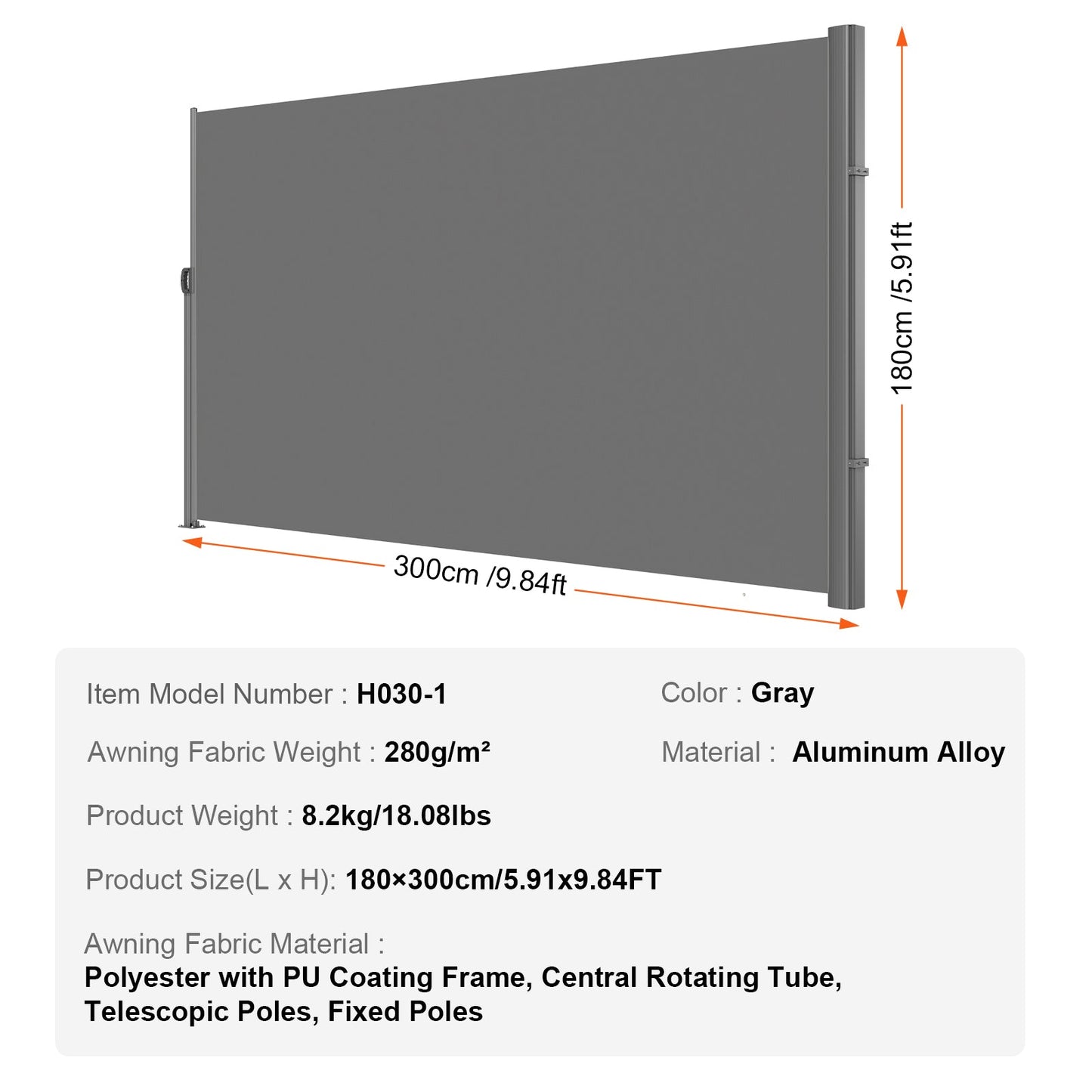 Retractable Side Awning, 71''-118'' Full Aluminum Rust-Proof Outdoor Privacy Screen
