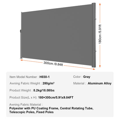 Retractable Side Awning, 71''-118'' Full Aluminum Rust-Proof Outdoor Privacy Screen