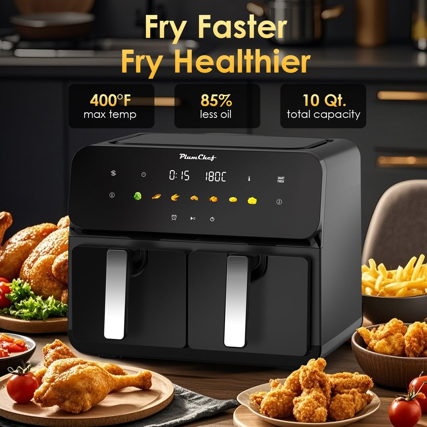 10QT Dual Air Fryer with 2 × 5QT Double Basket and SyncCook