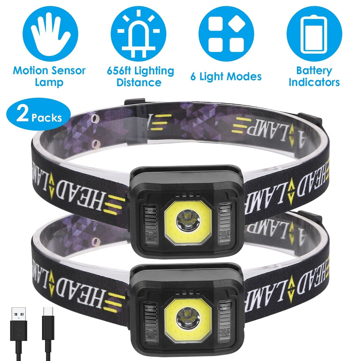 2Packs Rechargeable Motion Sensor Headlamp 6 Light Modes COB XPG Headlight Torch Flashlight for Fishing Running Camping Hiking