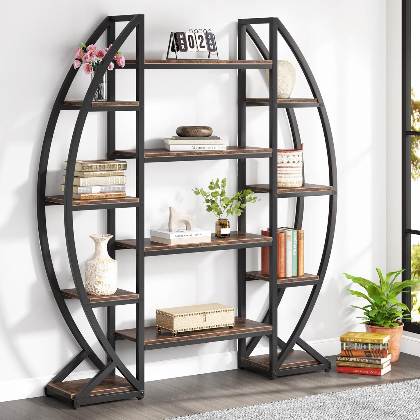 Triple Wide Oval Etagere Bookcase With Shelves For Living Room