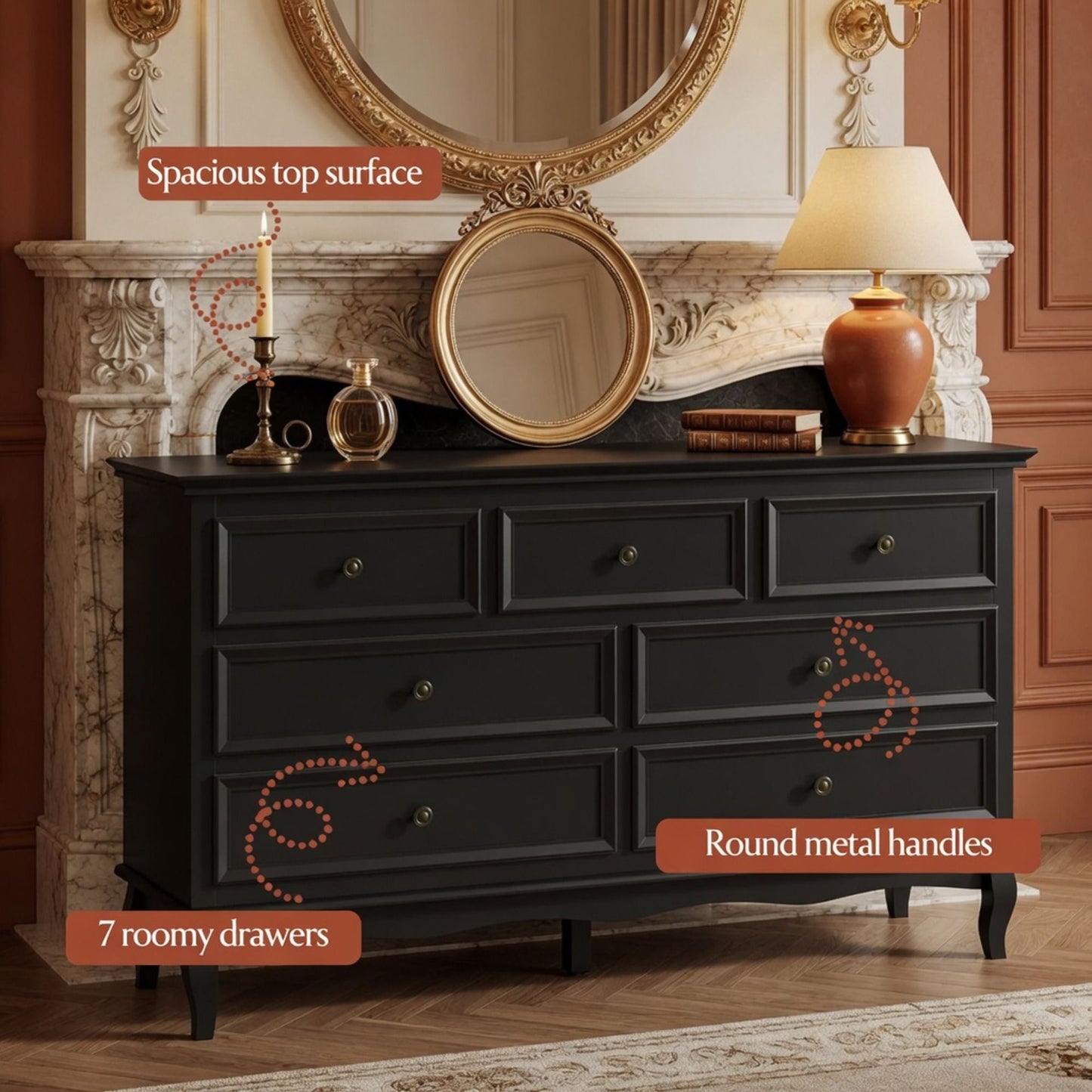 7 Drawer Dresser, Storage Chest - Black