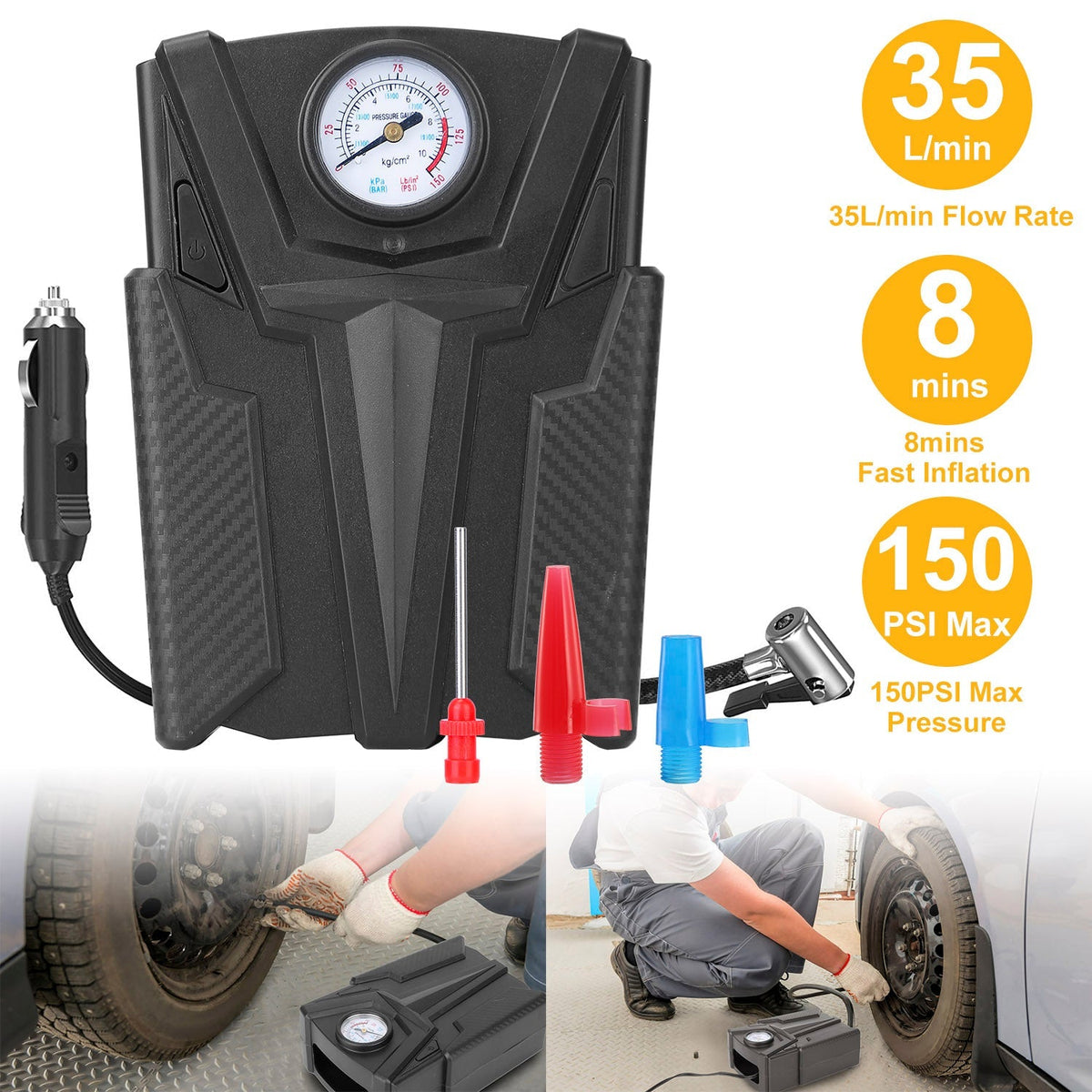 Car Tire Air Pump Portable Air Compressor Pump DC 12V Car Tire Inflator Pump For Bicycle Motorcycle w/ Pointer