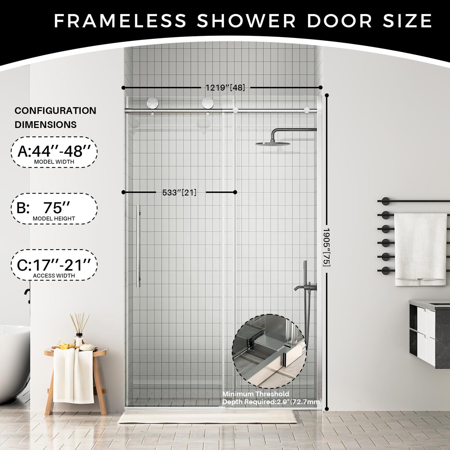 Frameless Sliding Shower Door, 44-48 in W x 75 in H