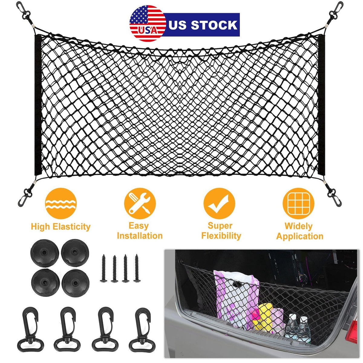 Trunk Cargo Net Stretchable Universal Elastic Truck Net Rear Seat Trunk Storage Organizer Net with Fasteners and Hardware Flexible Nylon Car Storage M