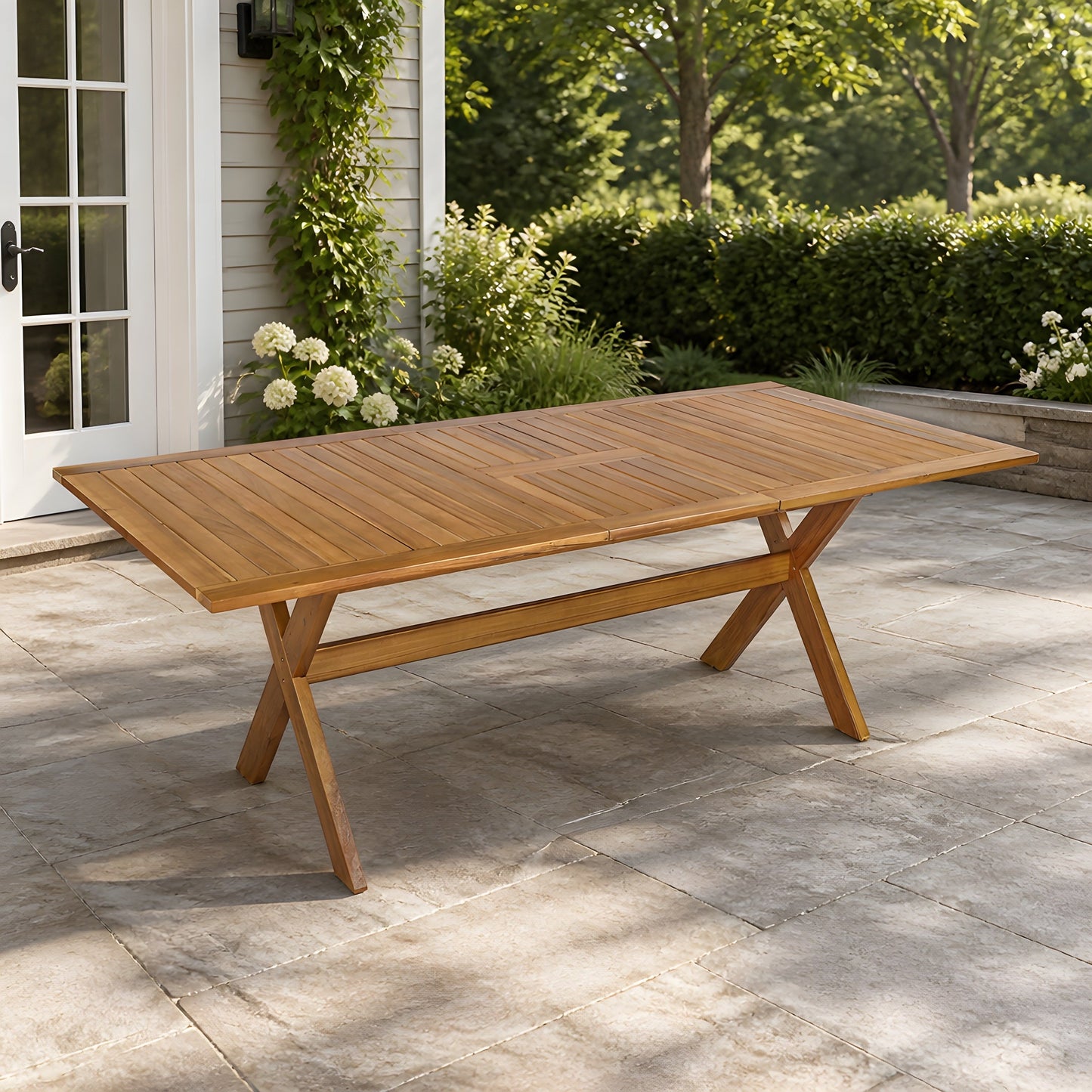 60-76" Acacia Wood Outdoor Dining Table, Telescopic, Teak Finish