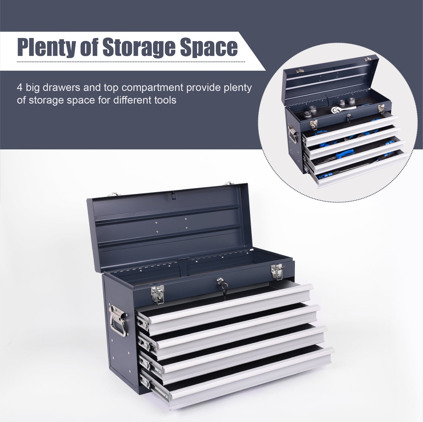 Heavy Duty Metal Tool Box, 21-inch with 4 Drawers