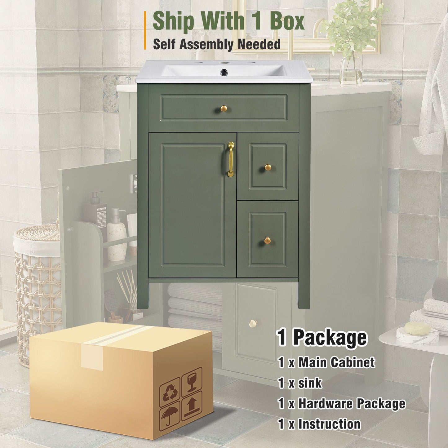 Elegant Bathroom Vanity With Ceramic Sink, Soft Close Doors And Drawers, Double Storage Racks
