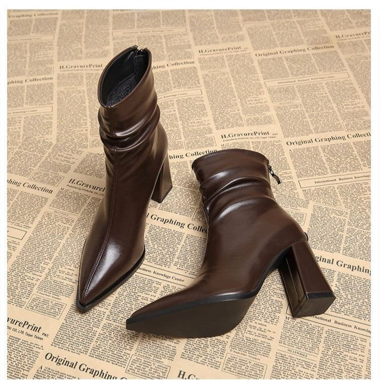 Pointed-toe Velvet-lined Warm High-heeled Boots For Women