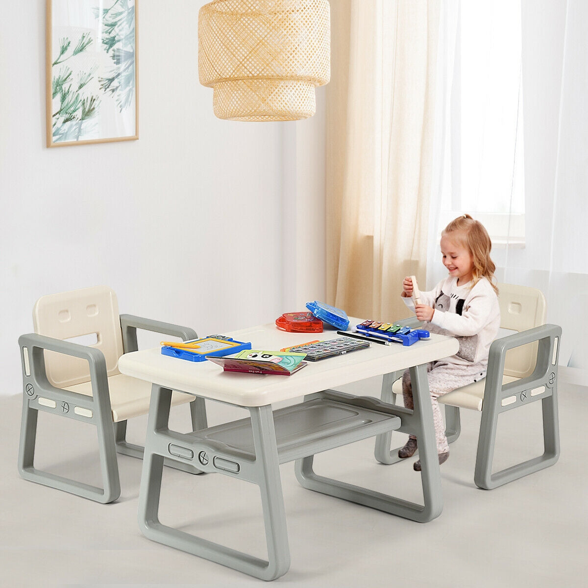 Kids Table and 2 Chairs Set with Storage Shelf-White