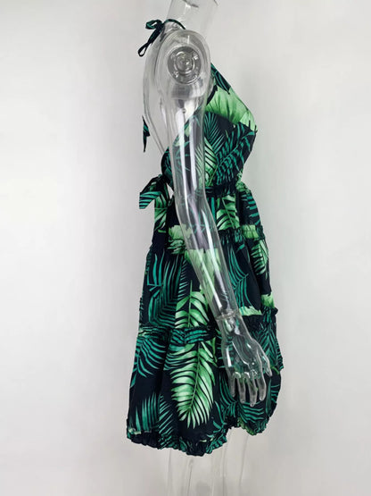 Colorful Print Halter Neck Ruffle Mini Dress