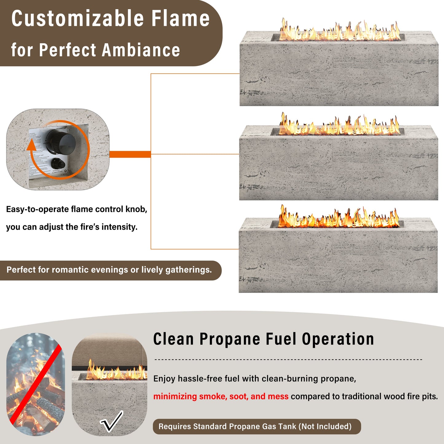 U_STYLE Outdoor Rectangular Propane Fire Pit 41.9" 40000 BTU
