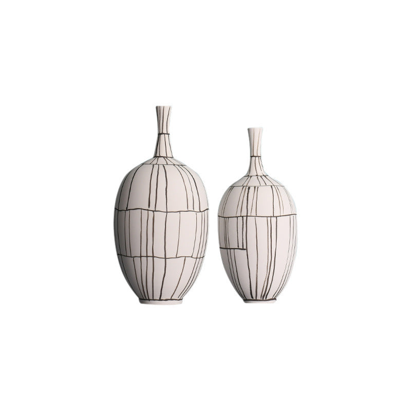Modern Style Home Decoration Ceramic Frosted Small Mouth Striped Olive-shaped Vase