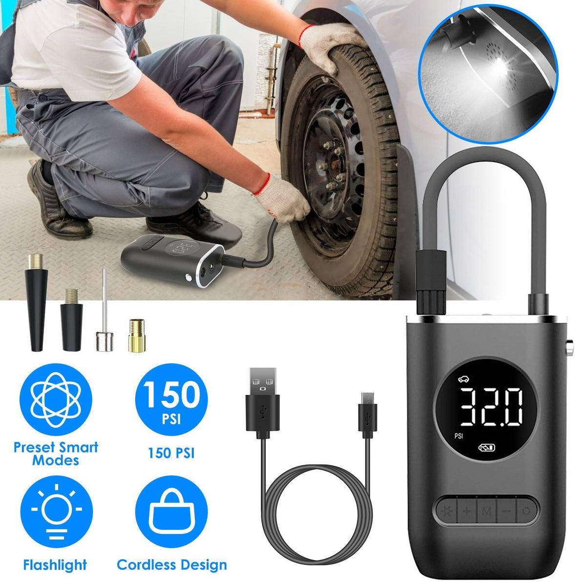 Car Tire Inflator Pump Portable Car Air Compressor Wireless Electric Air Pump 150 PSI with LED Light