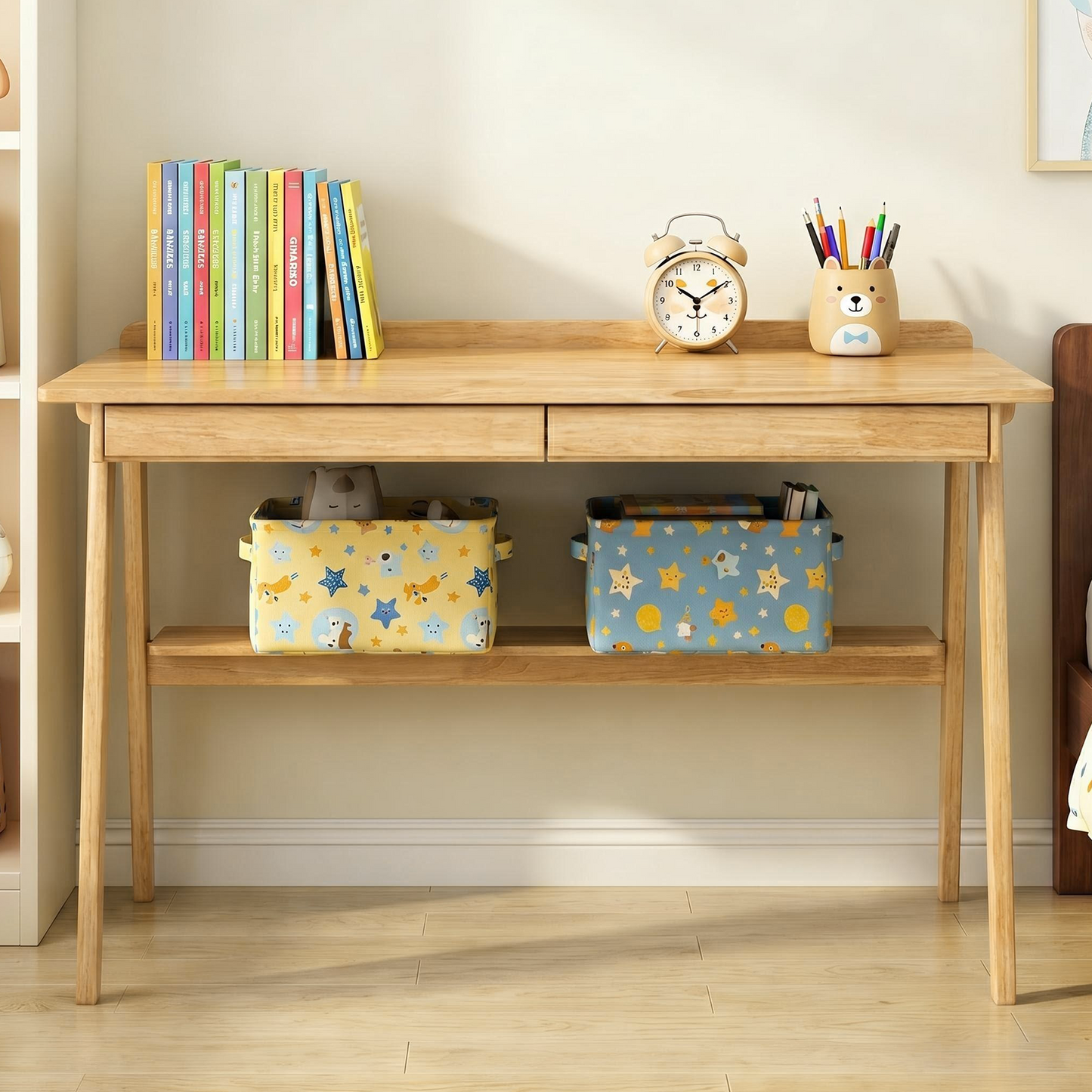 Solid Wood Writing Desk with 2 Drawers & Storage Shelf