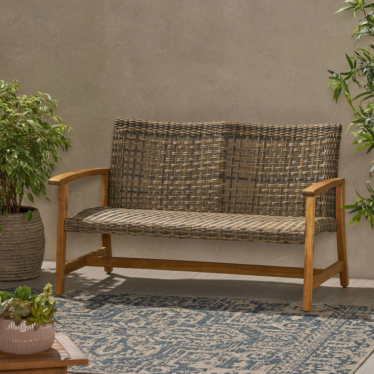 Outdoor Rattan Loveseat with Wooden Legs - Brown