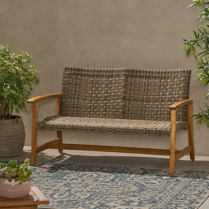 Outdoor Rattan Loveseat with Wooden Legs - Brown