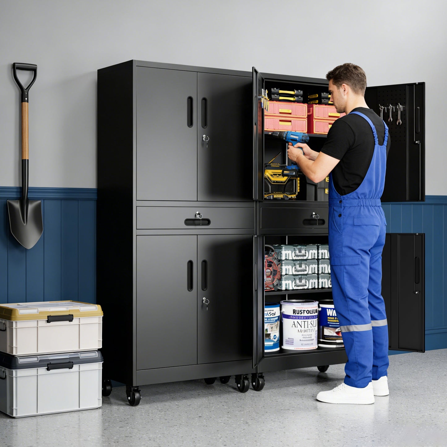Metal Storage Cabinet with Drawer, Locking Doors, and Rolling Wheels