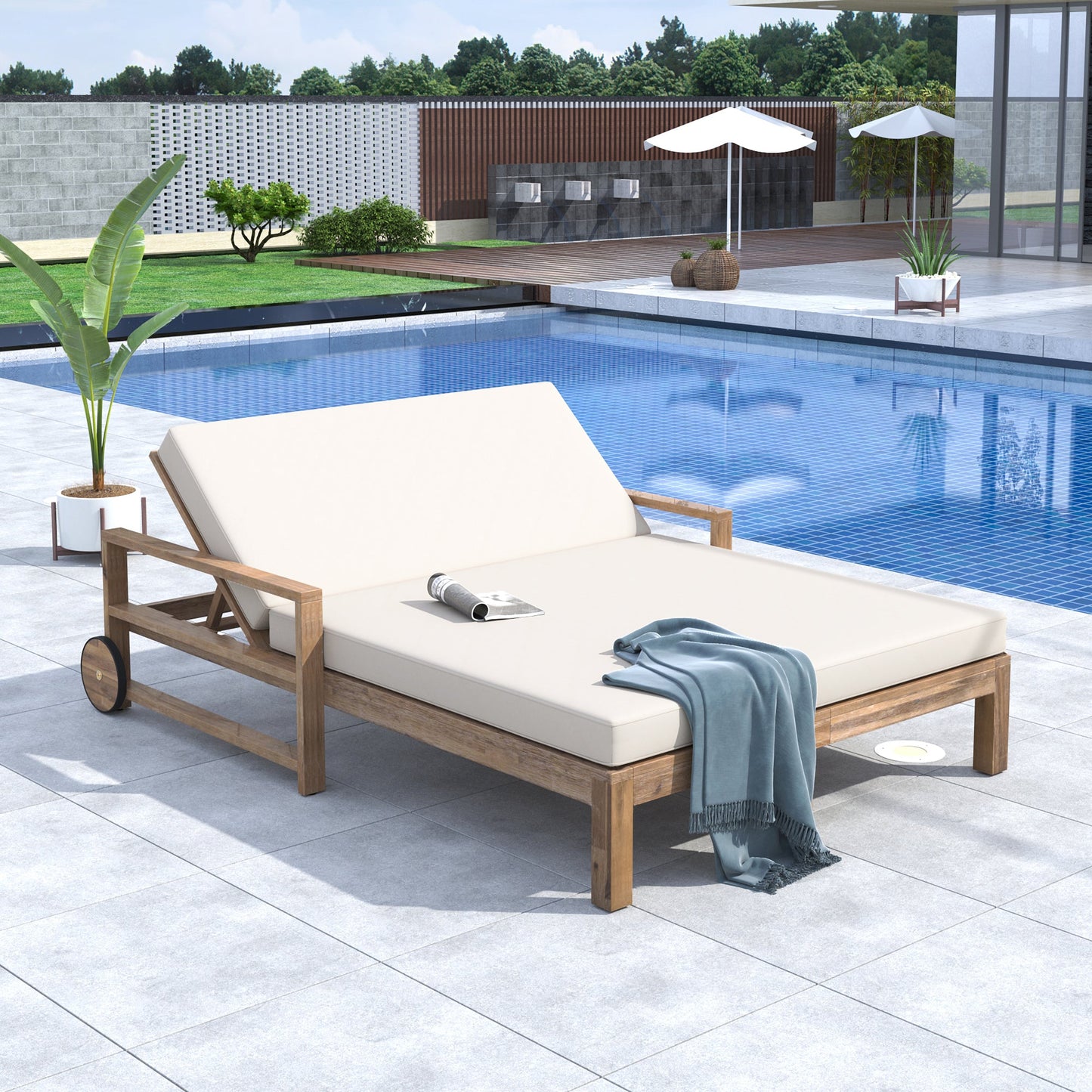 TREXM 1-Piece Farmhouse Wooden Outdoor Sunbed for 2